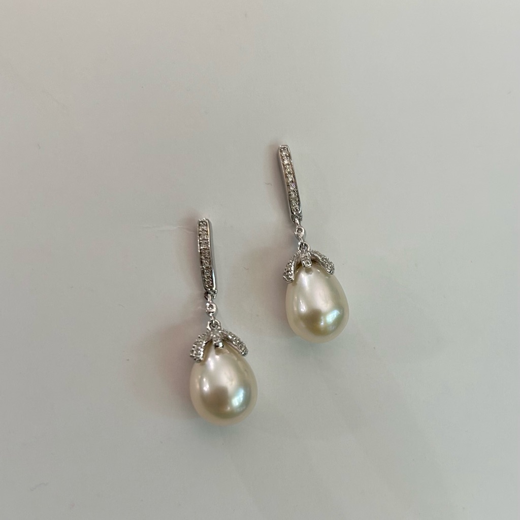 Classic Pearl Drop Earrings With Pave Accents - White Pearl (Nwot)